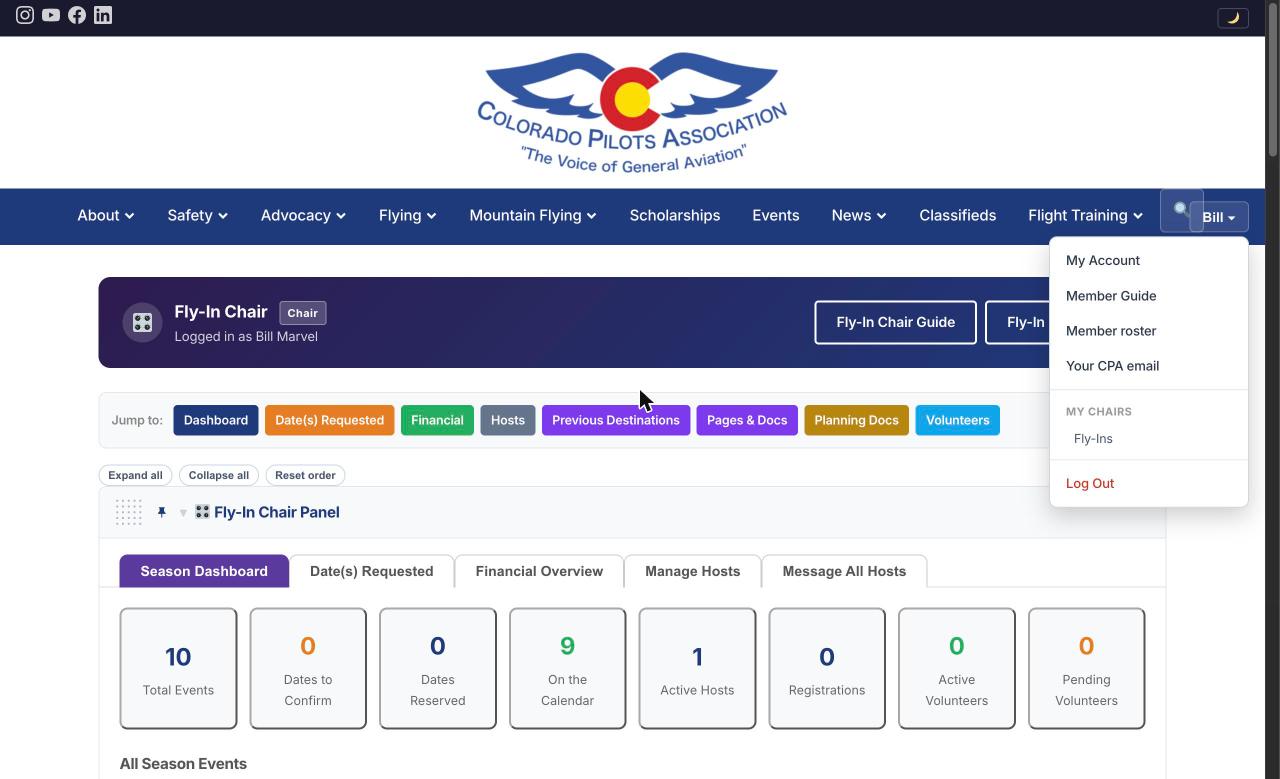 The account menu open under your first name: My Account, Member Guide, Member roster, Your CPA email, then My Chairs with Fly-Ins