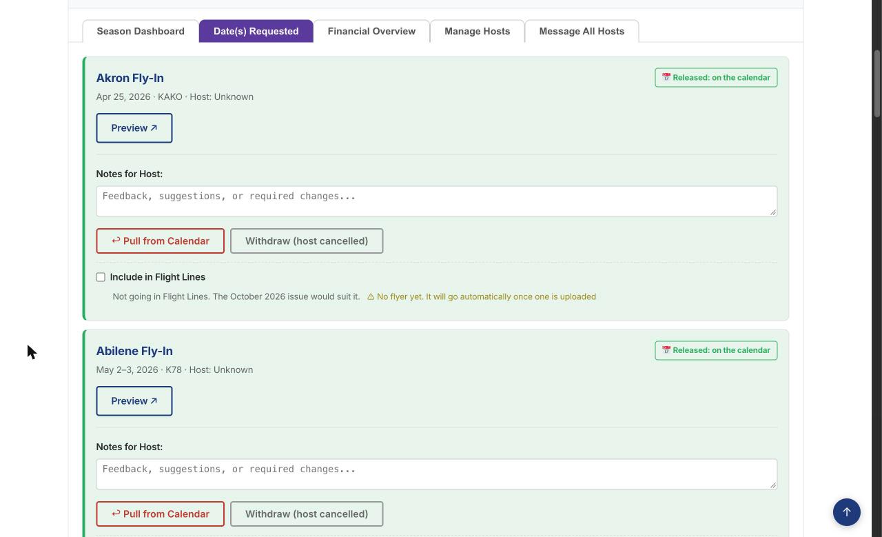 A released fly-in on the Date(s) Requested tab with Preview, Notes for Host, Pull from Calendar, Withdraw and the Include in Flight Lines box