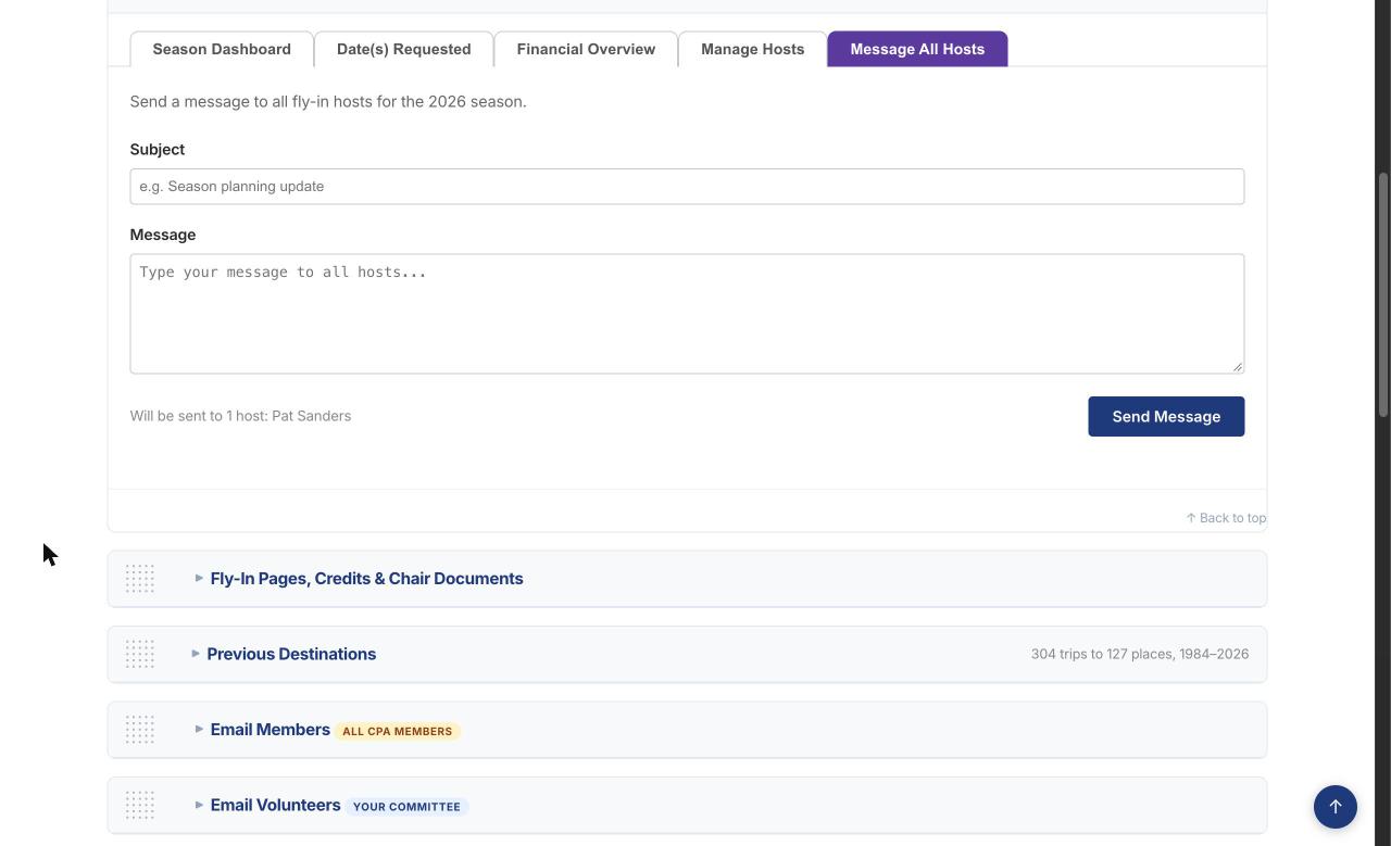 The Message All Hosts tab with Subject, Message and the list of hosts it will go to