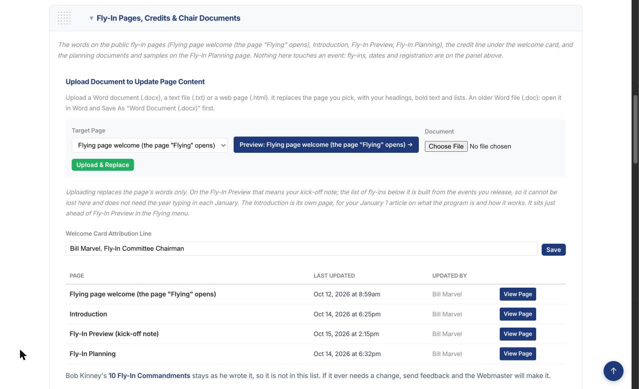 The Fly-In Pages, Credits and Chair Documents section: Upload Document, the welcome card credit line and the four pages with when each was last updated