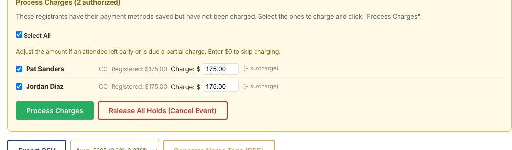 The Process Charges panel listing saved cards with amounts that can be adjusted