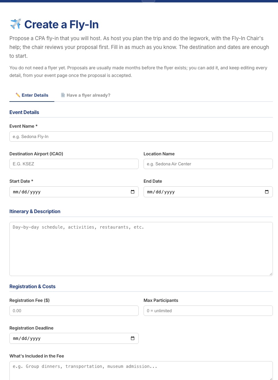 The Create a Fly-In form with Event Details, Itinerary and Registration and Costs sections