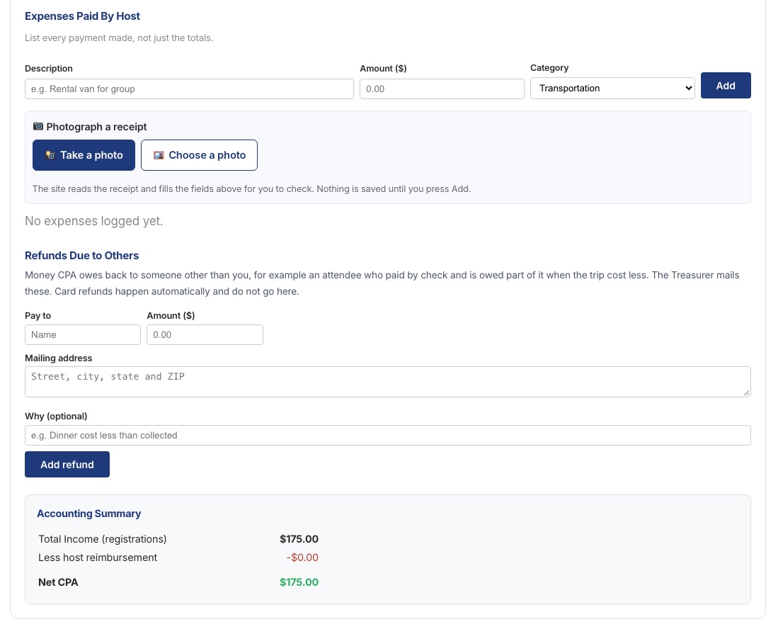 The Expenses tab with Take a photo and Choose a photo buttons, the refunds form and the Accounting Summary