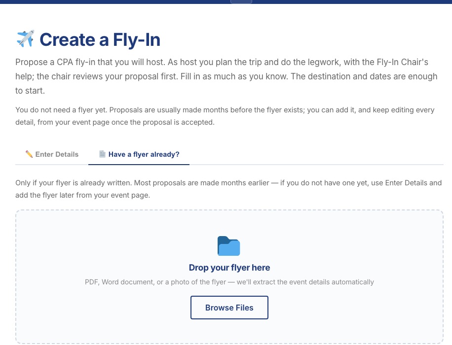 The Have a flyer already? tab with a box reading Drop your flyer here and a Browse Files button