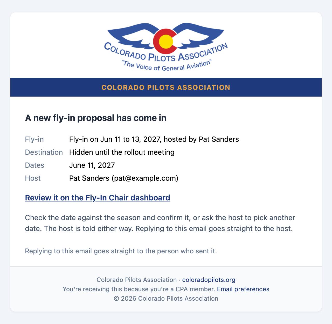 Email: Dates and host, with the destination hidden until the rollout meeting