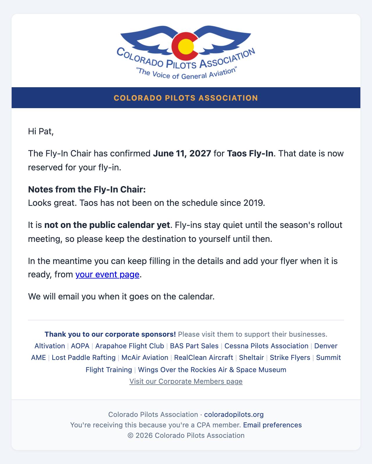 Email: The date is reserved; keep the destination quiet until the rollout meeting