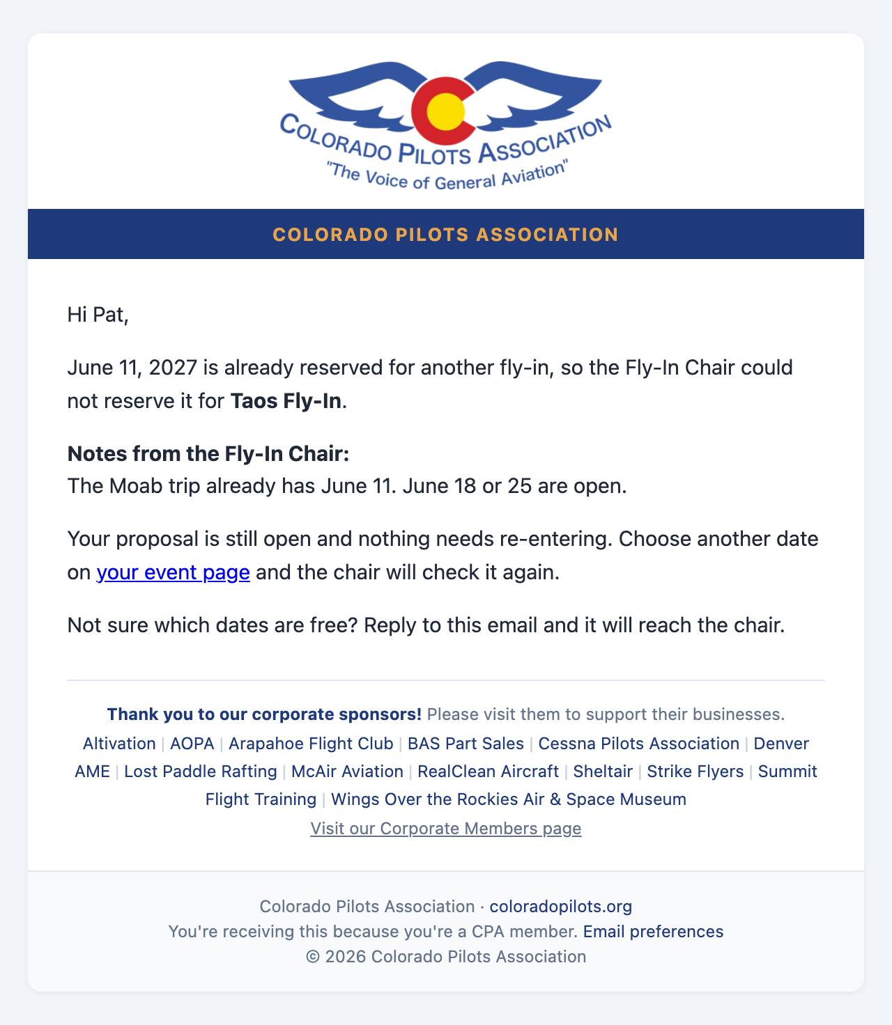Email: The date is taken; choose another on your event page