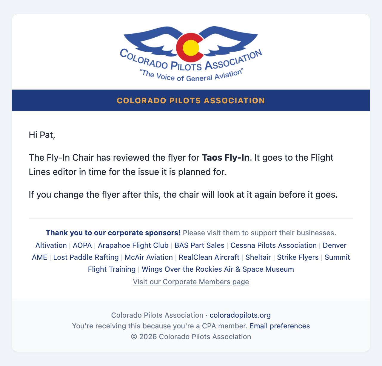 Email: The flyer goes to the Flight Lines editor