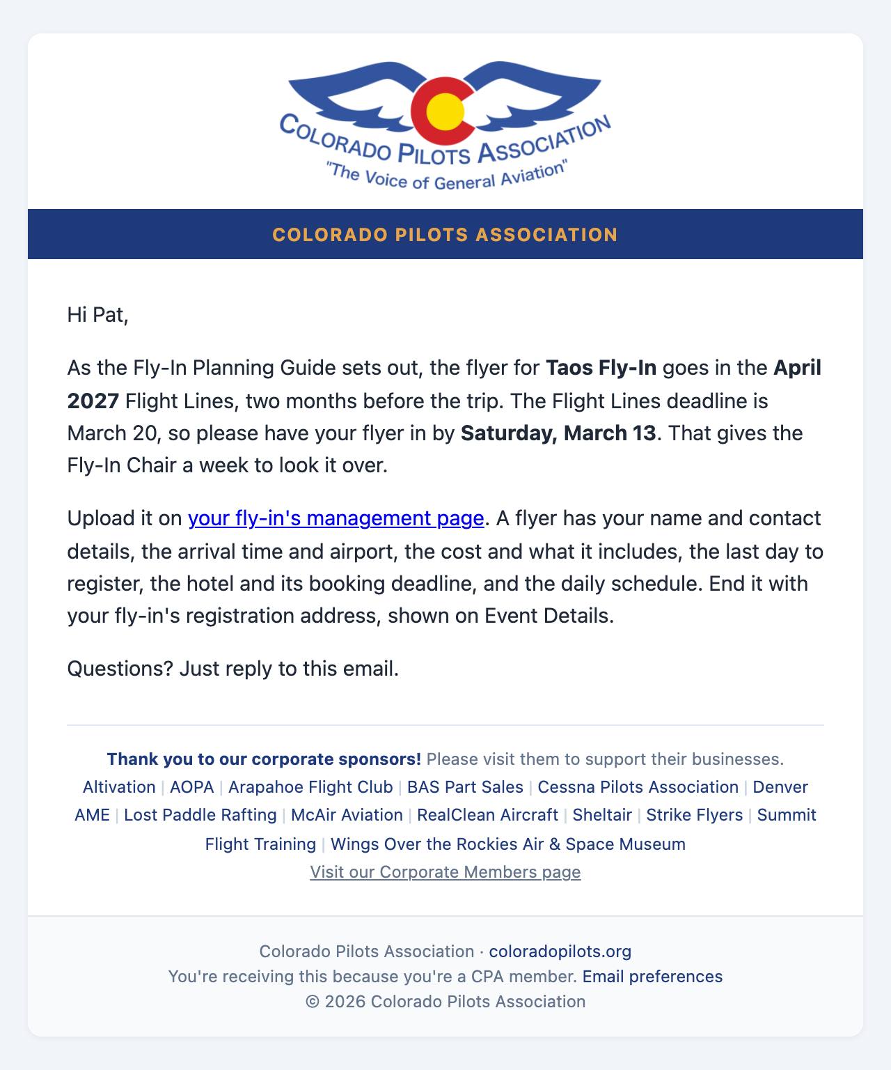 Email: when the Flyer is due, the Flight Lines deadline, and what a Flyer contains