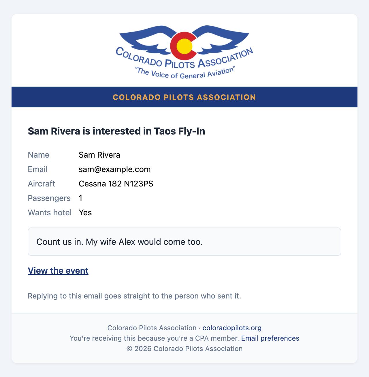 Email: The member's name, aircraft, passengers, hotel wish and note