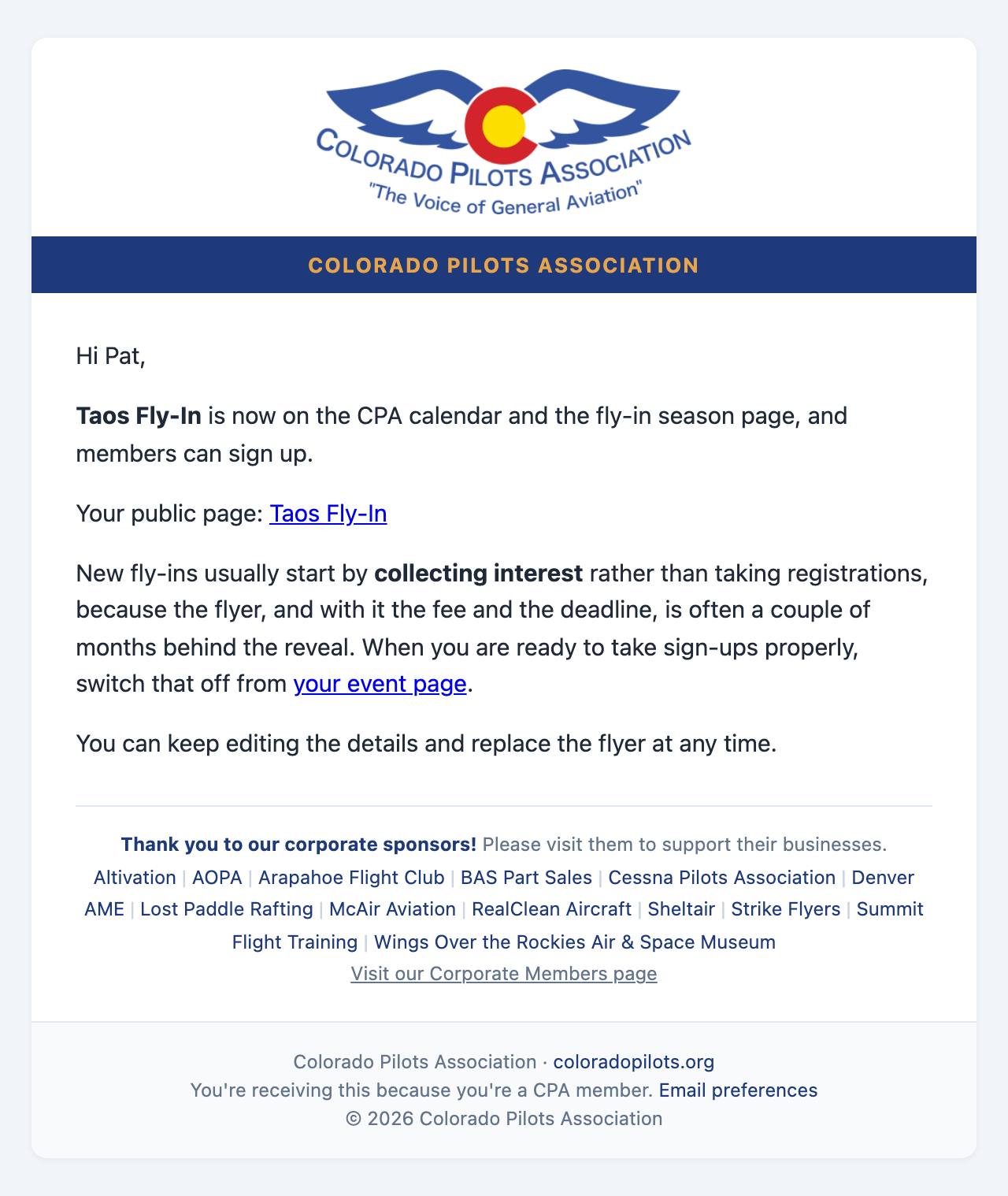 Email: Your fly-in is on the calendar and members can sign up