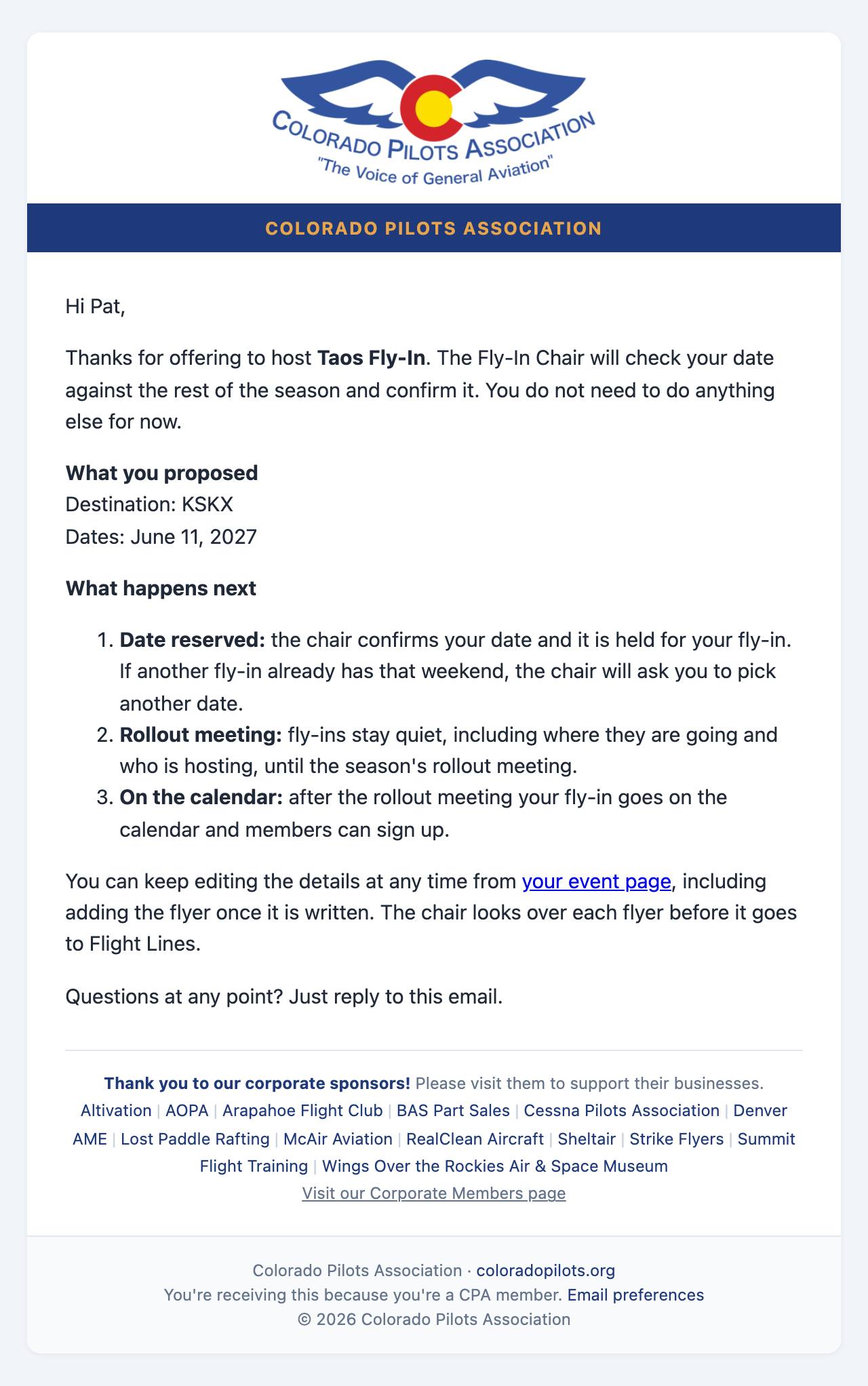 Email: Thanks for offering to host, what you proposed, and the three stages ahead