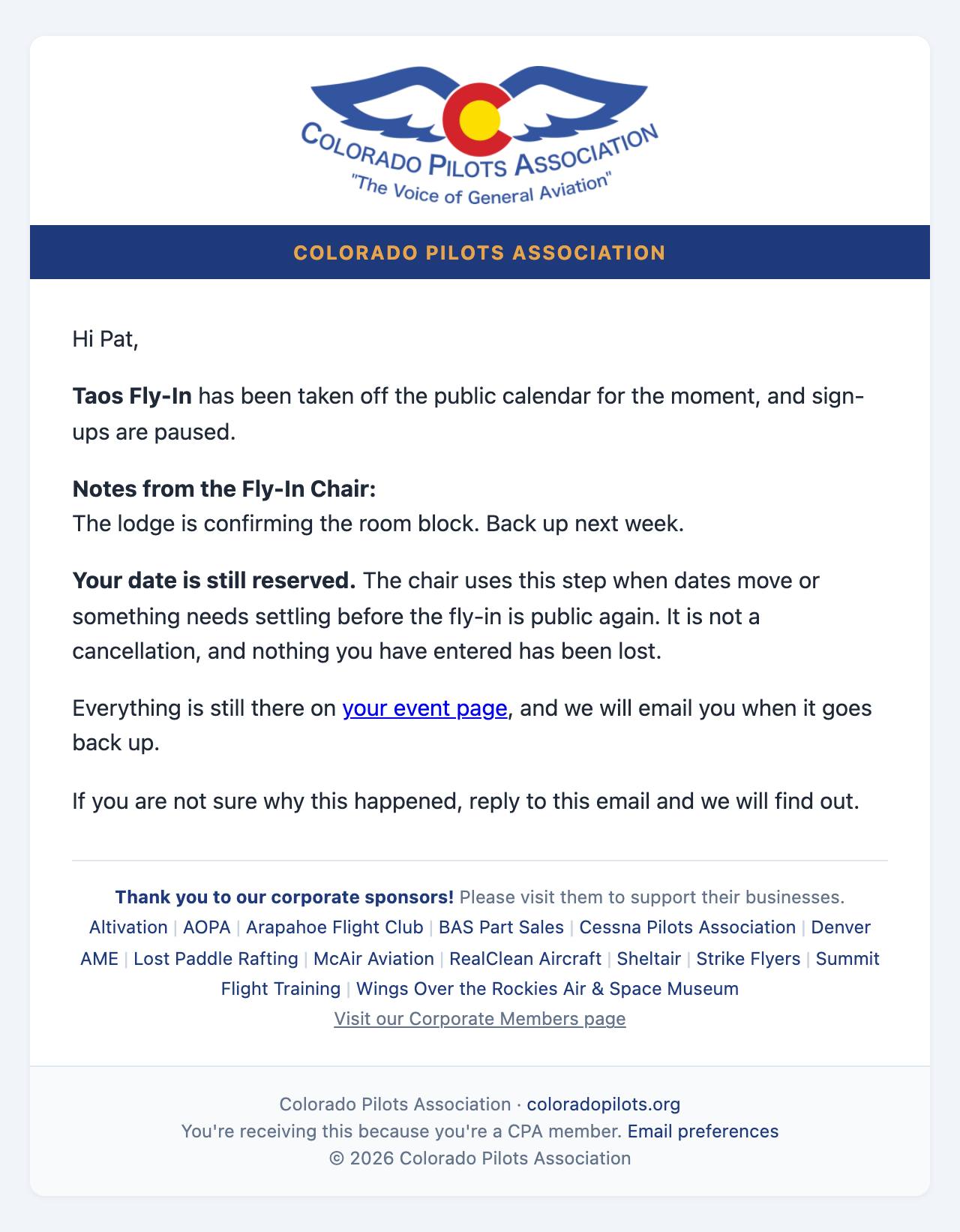 Email: Not a cancellation; the date is still reserved