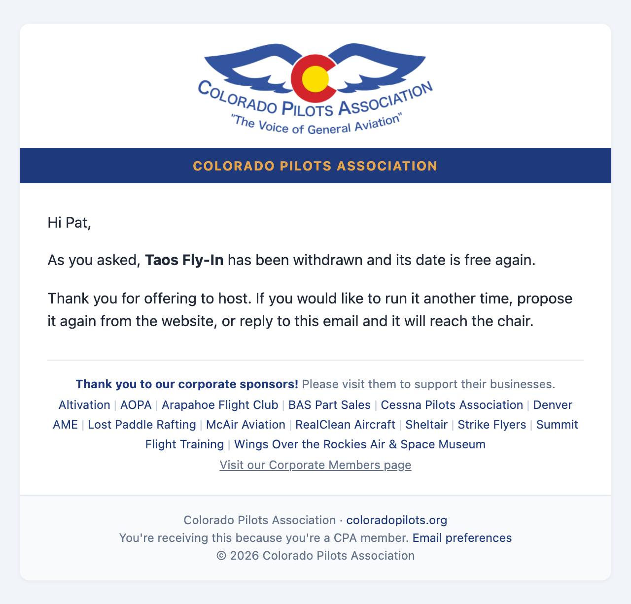 Email: The fly-in is withdrawn and the date is free