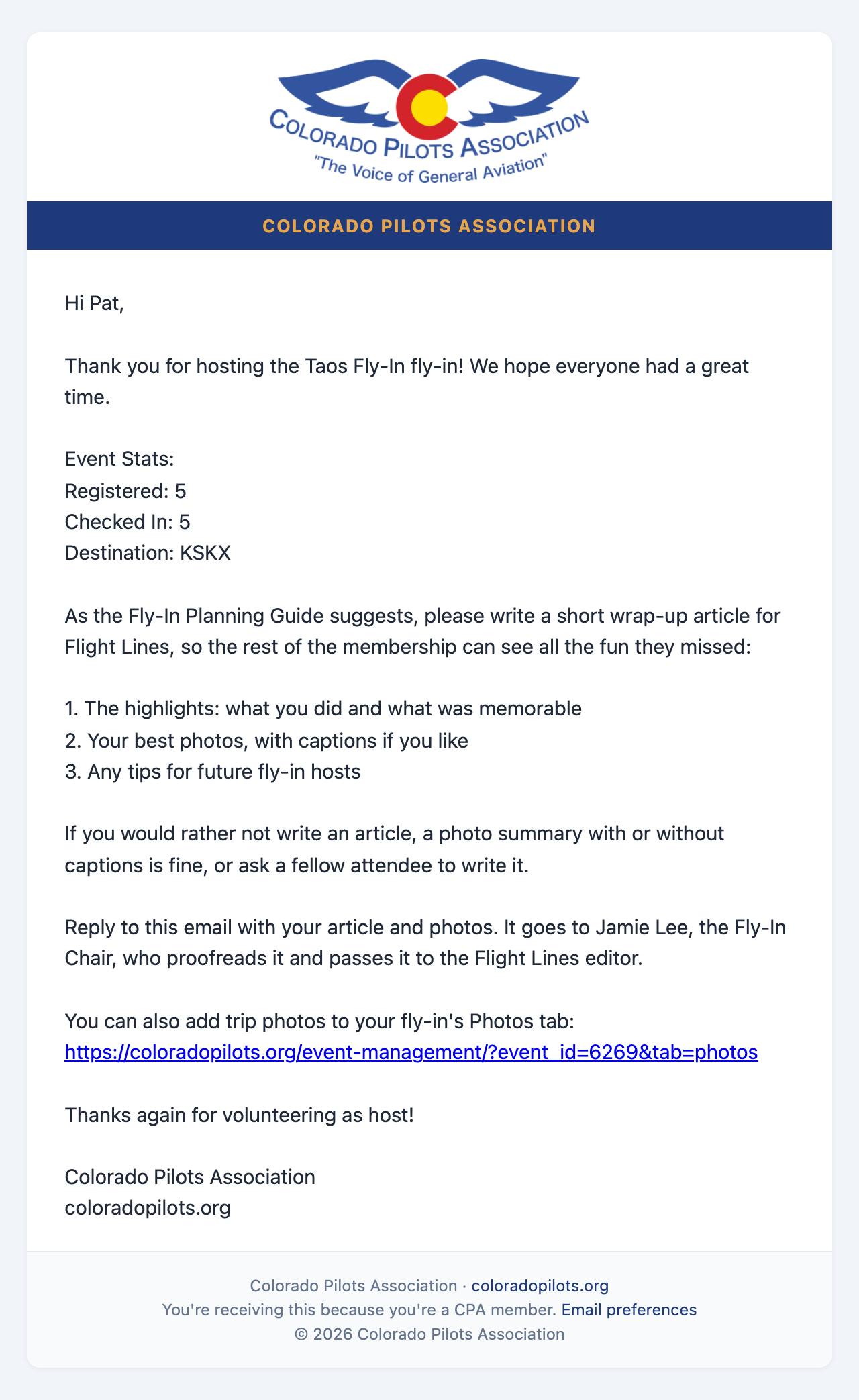 Email: Trip numbers and a request for a wrap-up article; replies go to the Fly-In Chair