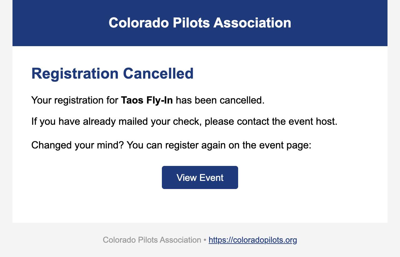 Email: Cancelled; contact the host if the check is already in the mail
