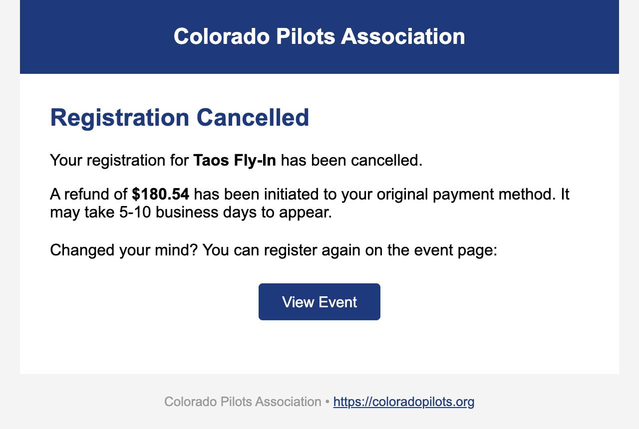 Email: Cancelled, with the refund amount