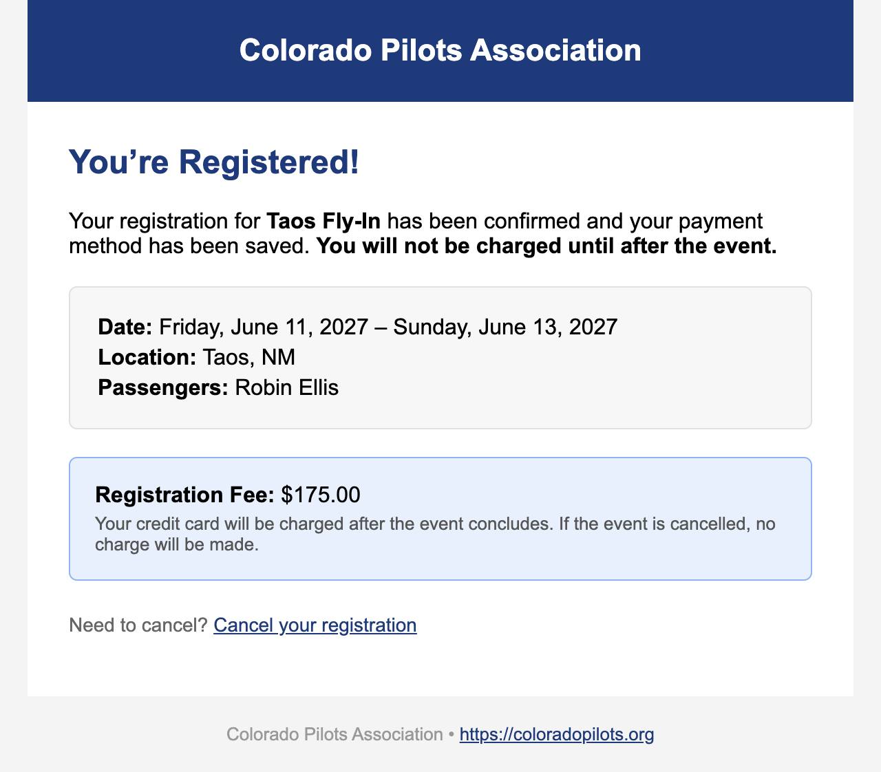 Email: Registered; the card will not be charged until after the event