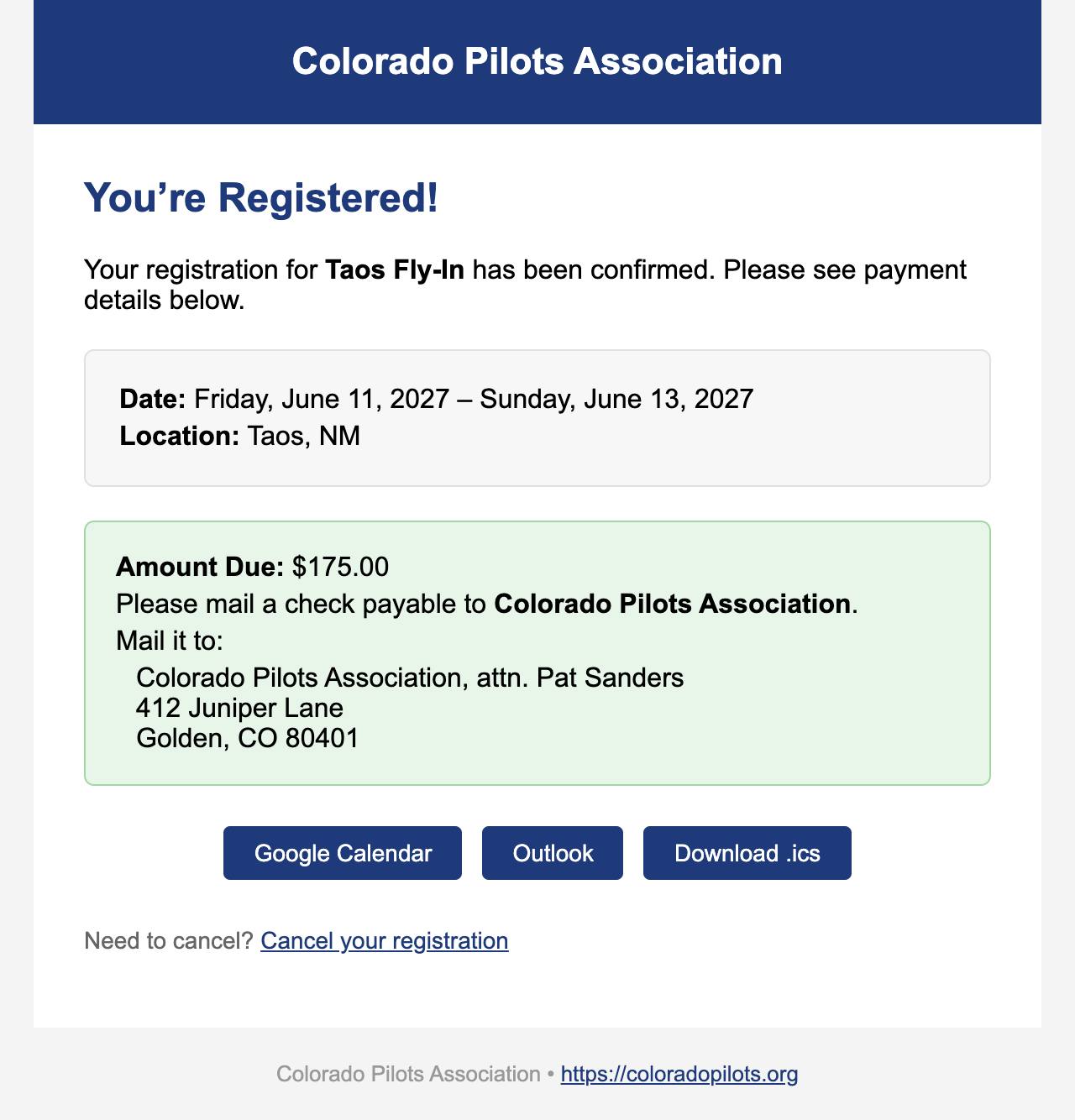 Email: Amount due, payable to Colorado Pilots Association, and where to mail it