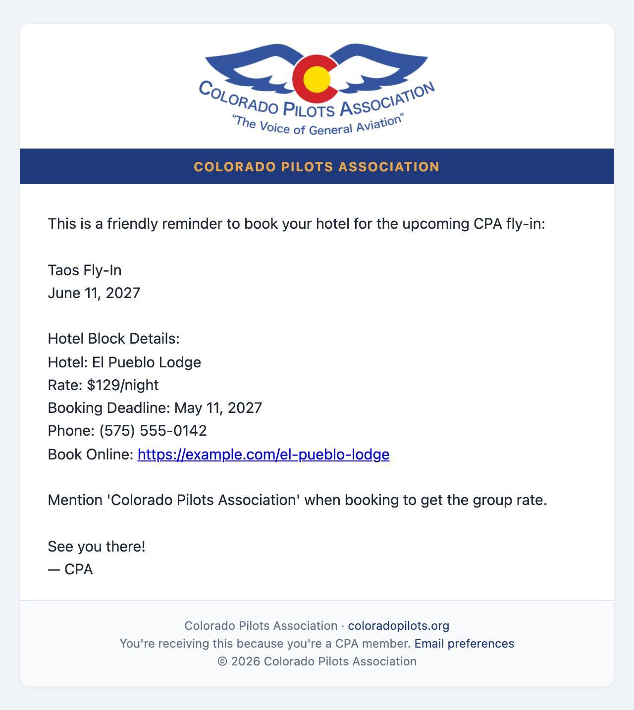 Email: The hotel block details and booking deadline