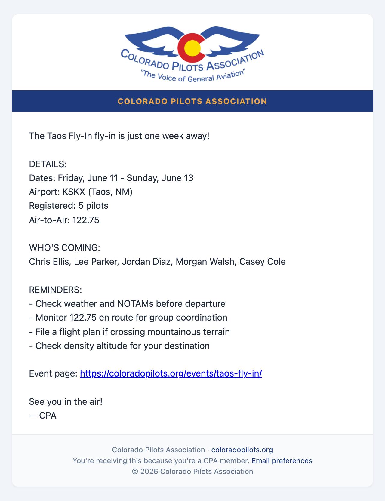 Email: Details, who's coming, 122.75, and flying reminders