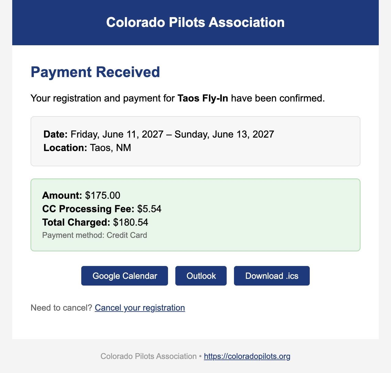 Email: The amount, the card processing fee and the total charged