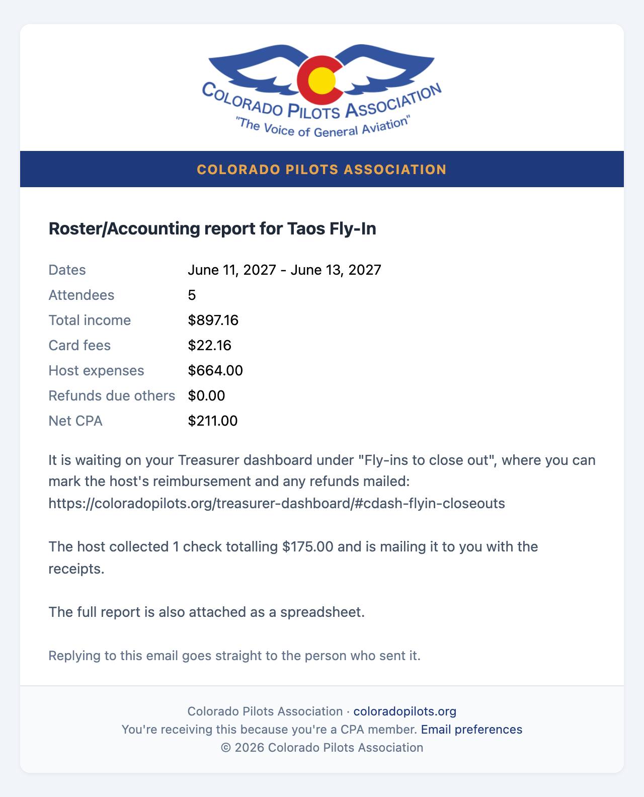 Email: The Roster / Accounting summary, with the spreadsheet attached