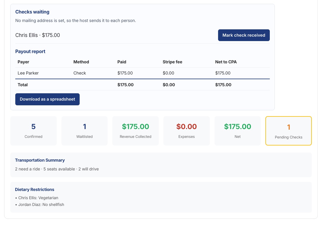 The Summary tab with Checks waiting, the payout report and totals