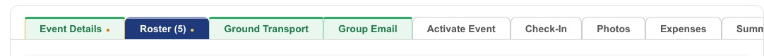 The row of tabs: Event Details, Roster, Ground Transport, Group Email, Activate Event, Check-In, Photos, Expenses, Summary, Wrap Up