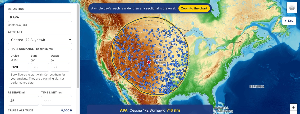The Range Finder map for a Cessna 172 departing Centennial (KAPA): an outlined area showing how far it can reach, with distance rings every 100 nautical miles and the airports inside the reach marked.